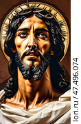 A captivating representation of Jesus Christ showcases his thoughtful gaze and detailed features, surrounded by an aura of spirituality in a serene atmosphere Generative AI. Стоковое AI-изображение, AI-художник Юлия Петровская / Фотобанк Лори