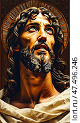 In a moment of solemnity, a figure resembling Jesus Christ gazes upwards, illuminated by a radiant halo. The expression conveys profound peace, capturing a sense of divine connection Generative AI. Стоковое AI-изображение, AI-художник Юлия Петровская / Фотобанк Лори