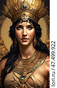 In a celestial setting, a stunning figure embodies Aphrodite, adorned with intricate golden jewelry and a crown, exuding timeless beauty and grace. Her captivating gaze enchants all Generative AI. Стоковое AI-изображение, AI-художник Юлия Петровская / Фотобанк Лори