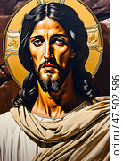 A representation of Jesus Christ, featuring a thoughtful expression and a radiant halo, stands against a backdrop of warm, glowing hues reminiscent of sunset, symbolizing hope and love Generative AI. Стоковое AI-изображение, AI-художник Юлия Петровская / Фотобанк Лори