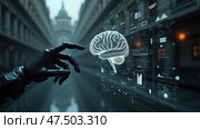 Технологии: рука робота управляет голографической моделью мозга, AI-generation. Стоковое AI-изображение, AI-художник Елена Скрипкина / Фотобанк Лори