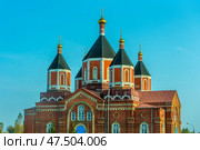 Majestic Orthodox church - Iverskaya Church, located in the village of Borshchevoe, Venevsky district. The building is made of red brick and decorated with white decorative elements. The temple has several high octagonal domes with golden crosses, covered with a dark roof. The central entrance stands out with a bright blue door, and a wide staircase leads to it. The architecture is distinguished by harmonious proportions and classical Russian church style. In the background is a clear blue sky, emphasizing the monumentality of the building. (2020 год). Редакционное фото, фотограф Анна Кривицкая / Фотобанк Лори