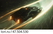 Spaceship navigating through colorful light trails in a cosmic interstellar travel. Стоковое AI-изображение, AI-художник Михаил Коханчиков / Фотобанк Лори
