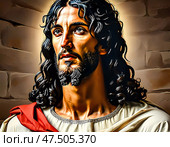 A strong portrayal of Jesus Christ highlights his compassionate expression and divine aura, set against a textured wall symbolizing strength and history Generative AI. Стоковое AI-изображение, AI-художник Юлия Петровская / Фотобанк Лори