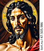 A striking representation of Jesus Christ radiating love and compassion, set against an ethereal background that enhances the transcendent atmosphere. Every detail reflects deep faith Generative AI. Стоковое AI-изображение, AI-художник Юлия Петровская / Фотобанк Лори