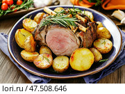 Баранина с картофелем. Запечённое мясо с овощами. Стоковое AI-изображение, AI-художник Башкирова Анна / Фотобанк Лори