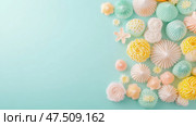 Pastel Sweetness: Whimsical candy flat lay on turquoise for confectionary promotion. Стоковое AI-изображение, AI-художник Данила Большаков / Фотобанк Лори