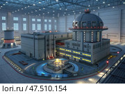 The interior of a modern nuclear power plant with advanced equipment that combines thermonuclear fusion and nuclear fission in a single reactor. Стоковое AI-изображение, AI-художник Коханова Наталья / Фотобанк Лори