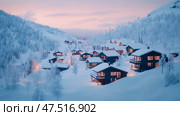 Winter Retreat: Cozy Cabins Nestled in Snow-Covered Mountains at Twilight. Стоковое AI-изображение, AI-художник Данила Большаков / Фотобанк Лори