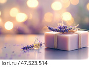 A luxurious lavender soap bar with a smooth matte finish. Tied elegantly with raffia ribbon, it epitomizes artisanal craftsmanship and offers a soothing fragrance for relaxation. Стоковое AI-изображение, AI-художник Nart / Фотобанк Лори