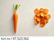 A glossy carrot and vibrant carrot chips are artfully displayed on a white background. The fresh, nutritious vegetable and its crispy counterpart create a striking culinary visual. Стоковое AI-изображение, AI-художник Nart / Фотобанк Лори