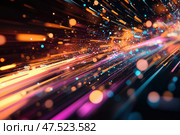 A mesmerizing digital artwork echoes the allure of synthwave and cyber-futurism. Neon hues in orange, pink, and purple blend flawlessly, evoking the serene beauty of a futuristic sunset. Стоковое AI-изображение, AI-художник Nart / Фотобанк Лори