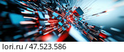 This futuristic 3D abstract art piece features bold geometric forms in stunning contrast. Neon streaks of red, cyan, and ultraviolet slice through a landscape of deep blacks, highlighting modern design. Стоковое AI-изображение, AI-художник Nart / Фотобанк Лори
