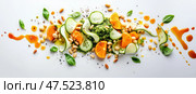 A meticulously arranged deconstructed cannellini bean salad. The precise placement of vibrant ingredients creates an elegant, dynamic display, highlighting the artistry in food styling. Стоковое AI-изображение, AI-художник Nart / Фотобанк Лори