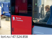 Открытые двери со стикером «Вагон тишины». Электропоезд «Ласточка» стоит у платформы остановочного пункта Дубровка. Московское центральное кольцо. Город Москва. Редакционное фото, фотограф Румянцева Наталия / Фотобанк Лори