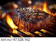 Juicy Steak Grilling Over Open Flames With a Perfect Sear and Seasoning in a Backyard BBQ Setting. Стоковое AI-изображение, AI-художник Юлия Гапеенко / Фотобанк Лори