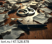 Наручники и разорванные документы на столе. Стоковое AI-изображение, AI-художник Boostport / Фотобанк Лори
