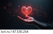 Рука взаимодействует с голографической моделью человеческого сердца, AI-generation. Стоковое AI-изображение, AI-художник Елена Скрипкина / Фотобанк Лори