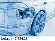 Hybrid vehicle technology design concept showcasing fuel port and wheel. Детальная визуализация гибридного автомобиля с акцентом на топливный порт и заднее колесо. Эта графика иллюстрирует современное автомобилестроение и инновации в сфере транспорта. Стоковое AI-изображение, AI-художник Katsiaryna Repich / Фотобанк Лори