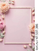 Delicate roses and buds encircle a blank card against a soft pastel pink backdrop. This tranquil setting invites creativity and heartfelt messages, perfect for any occasion Generative AI. Стоковое AI-изображение, AI-художник Юлия Петровская / Фотобанк Лори