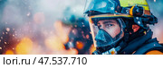 Duty Calls: A firefighter's unwavering resolve amidst the blaze. Стоковое AI-изображение, AI-художник Данила Большаков / Фотобанк Лори