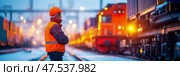 Night at the Depot: A Railway Worker Amidst the Glowing Trains. Стоковое AI-изображение, AI-художник Данила Большаков / Фотобанк Лори