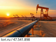 A sprawling oil field filled with numerous nodding donkey pumpjacks tirelessly extracting crude oil. The scene captures the relentless pursuit of fossil fuels, showcasing the industrial might of energy production. Стоковое AI-изображение, AI-художник Nart / Фотобанк Лори