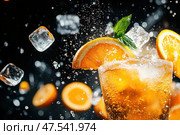 Aperol Spritz ingredients are artistically captured mid-air. Prosecco bubbles and vibrant orange slices create a dynamic splash in this refreshing cocktail composition, showcasing its effervescent allure. Стоковое AI-изображение, AI-художник Nart / Фотобанк Лори