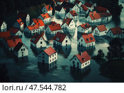 Severe floods submerge homes, illustrating the devastating impact of climate events. This scene underscores the urgency of responding to environmental crises. Стоковое AI-изображение, AI-художник Nart / Фотобанк Лори