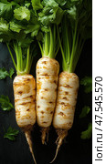 Top-down view of fresh parsley root forming a seamless pattern. The texture highlights the organic and natural qualities of this versatile culinary ingredient. Стоковое AI-изображение, AI-художник Nart / Фотобанк Лори