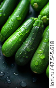 Top-down view of fresh zucchinis in a seamless pattern. The vibrant green vegetables create a lush, textured backdrop, symbolizing healthy eating and organic farming. Стоковое AI-изображение, AI-художник Nart / Фотобанк Лори