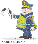 Funny plump traffic policeman with a sagging baton trying to stop a car on a road. Стоковая иллюстрация, иллюстратор Alexey Bannykh / Фотобанк Лори