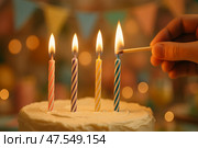Brightly Lit Birthday Cake With Colorful Candles Being Ignited During a Celebration. Стоковое AI-изображение, AI-художник Юлия Гапеенко / Фотобанк Лори