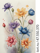 Watercolor floral composition with mannerist drama. Стоковое AI-изображение, AI-художник Андрей Бакусов / Фотобанк Лори