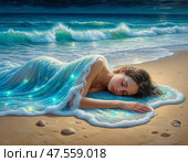 A girl sleeping on the seashore is covered by the surf like a blanket. Стоковое AI-изображение, AI-художник Сергей Елизарьев / Фотобанк Лори