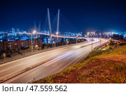 Light trails from cars driving across the bridge over zolotoy rog bay in vladivostok, russia, at night. Стоковое фото, фотограф Mikhail Davidovich / Фотобанк Лори