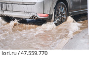 Muddy vehicle splashing through roadside puddle during wet, overcast weather conditions. Стоковое фото, фотограф Mikhail Davidovich / Фотобанк Лори