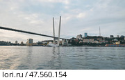 Scenic zolotoy rog bridge spanning golden waters, highlighting vladivostok's urban landscape against maritime backdrop. Стоковое фото, фотограф Mikhail Davidovich / Фотобанк Лори
