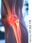 Human knee showing bones and ligaments experiencing pain. Стоковое AI-изображение, AI-художник Юрий Поздников / Фотобанк Лори