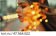 In a vibrant urban setting, a woman with captivating features gazes pensively towards the horizon as city lights start to illuminate the evening. Стоковое AI-видео, аниматор Данила Большаков / Фотобанк Лори