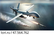 Unmanned Aerial Vehicle Missile Launch Over Sea. Стоковое AI-изображение, AI-художник Андрей Бакусов / Фотобанк Лори
