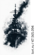 Battleship Emerging From Smoke in Dramatic Black and White Artwork. Стоковое AI-изображение, AI-художник Юлия Гапеенко / Фотобанк Лори
