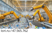 Robotic arms sorting trash on conveyor belt in waste recycling plant. Стоковое AI-видео, аниматор Юрий Поздников / Фотобанк Лори
