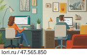 Programmers working from home in cozy office. Стоковое AI-видео, аниматор Юрий Поздников / Фотобанк Лори
