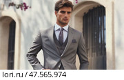 Elegant businessman wearing gray suit posing outdoors. Стоковое AI-видео, аниматор Юрий Поздников / Фотобанк Лори