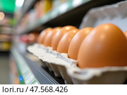 Куриные яйца на полке в магазине. Стоковое AI-изображение, AI-художник Анна Рогалева / Фотобанк Лори