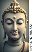 Концепция дня рождения Будды и буддийского праздника Весак/ Buddha face with smile closeup.  Buddha birthday and Vesak holiday concept. Стоковое AI-изображение, AI-художник Iva Noel / Фотобанк Лори