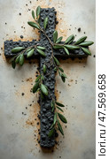 Ash Wednesday Concept With Ashes, Cross, and Olive Leaves on a Textured Stone Background Celebrating the Start of Lent Season. Стоковое AI-изображение, AI-художник Sergey Grishin / Фотобанк Лори