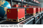 Lots of boxes of Chinese goods on the assembly line and on the shelves of warehouses. Concept of economic expansion. AI generative. Стоковое AI-изображение, AI-художник Роман Дзюбало / Фотобанк Лори