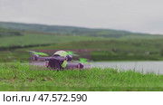 AI Drone Recognition Resting Grass Lake Background Analysis. Стоковое видео, видеограф Поскребышев Михаил / Фотобанк Лори